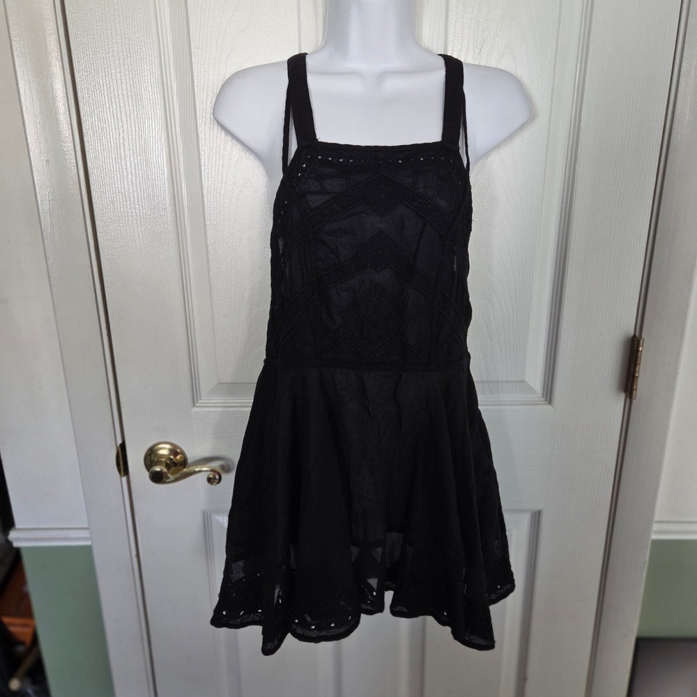 Free People M Black Eyelet Embroidered Strappy Mini Dress Tunic Boho Festival